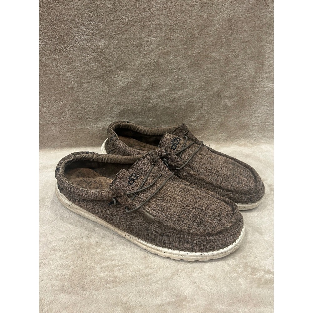 HEYDUDE Wally Men's Size 12 Slip On Loafers Dark Brown Linen Comfort Shoes